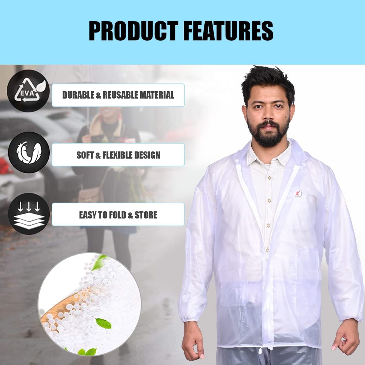 HACER Crystal Men Raincoat Water Resistant Rain Coat with Adjustable Hood Drawstring Hem Set of Top & Bottom with Carrying Pouch (XXL Size, Transparent) - Image 5