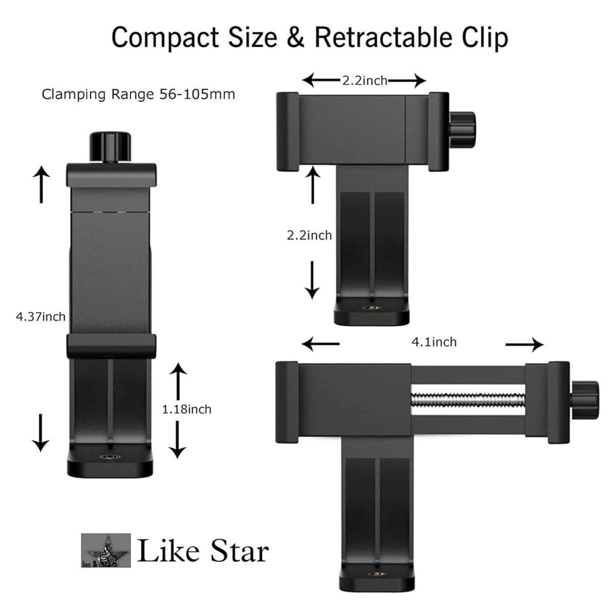 Like Star 360° Degree Mobile Phone Holder with Universal 1/4 Screw Adjustable Clamp Mobile Tripod Mount Adapter Compatible with Smartphones & TripodsnSelfie Stick (Black) - Image 5