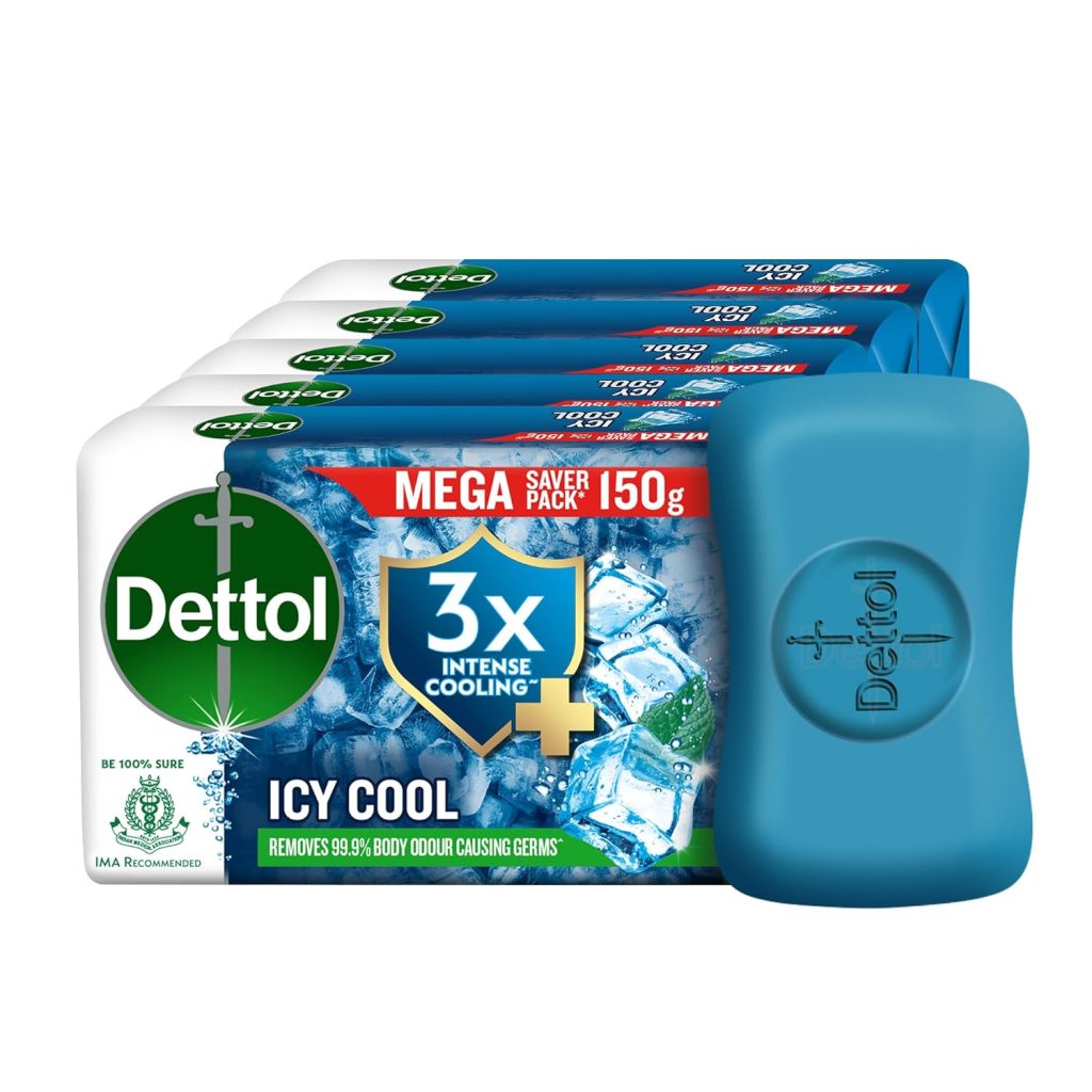 Dettol Icy Cool Bathing Soap Bar With 3x intense cooling (750gm), 150gm - Pack of 5