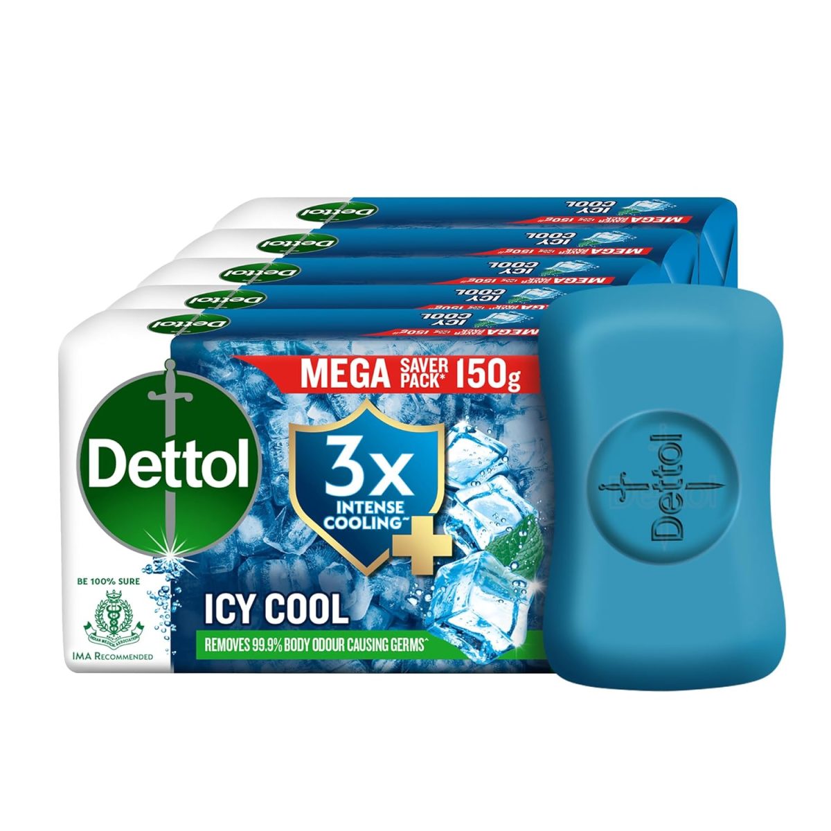 Dettol Icy Cool Bathing Soap Bar With 3x intense cooling (750gm), 150gm - Pack of 5