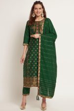 SHOPPING QUEEN Women's Jacquard jari Silk Kurta,Dupatta with Pant - Image 2