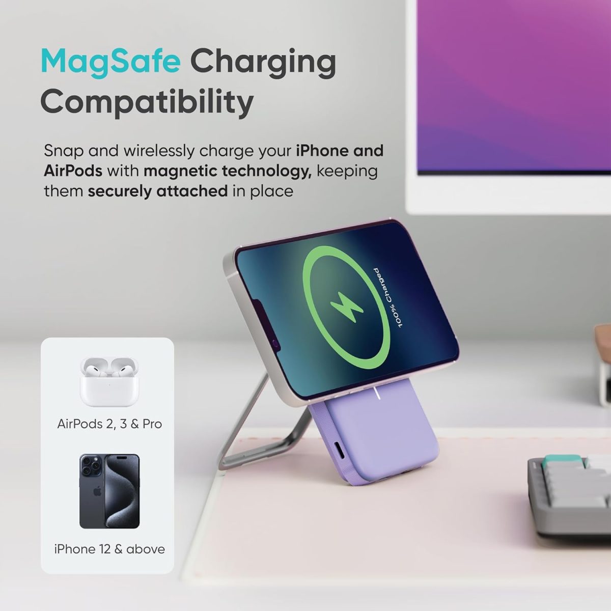 Ambrane 10000mAh MagSafe Powerbank with Stand 22.5W Wired & 15W Wireless Fast Charging Dual Input (Type-C & Lightning) | Triple Output | for iPhone 16/15/14/13/12 & Android Devices (PB11, Black) - Image 3