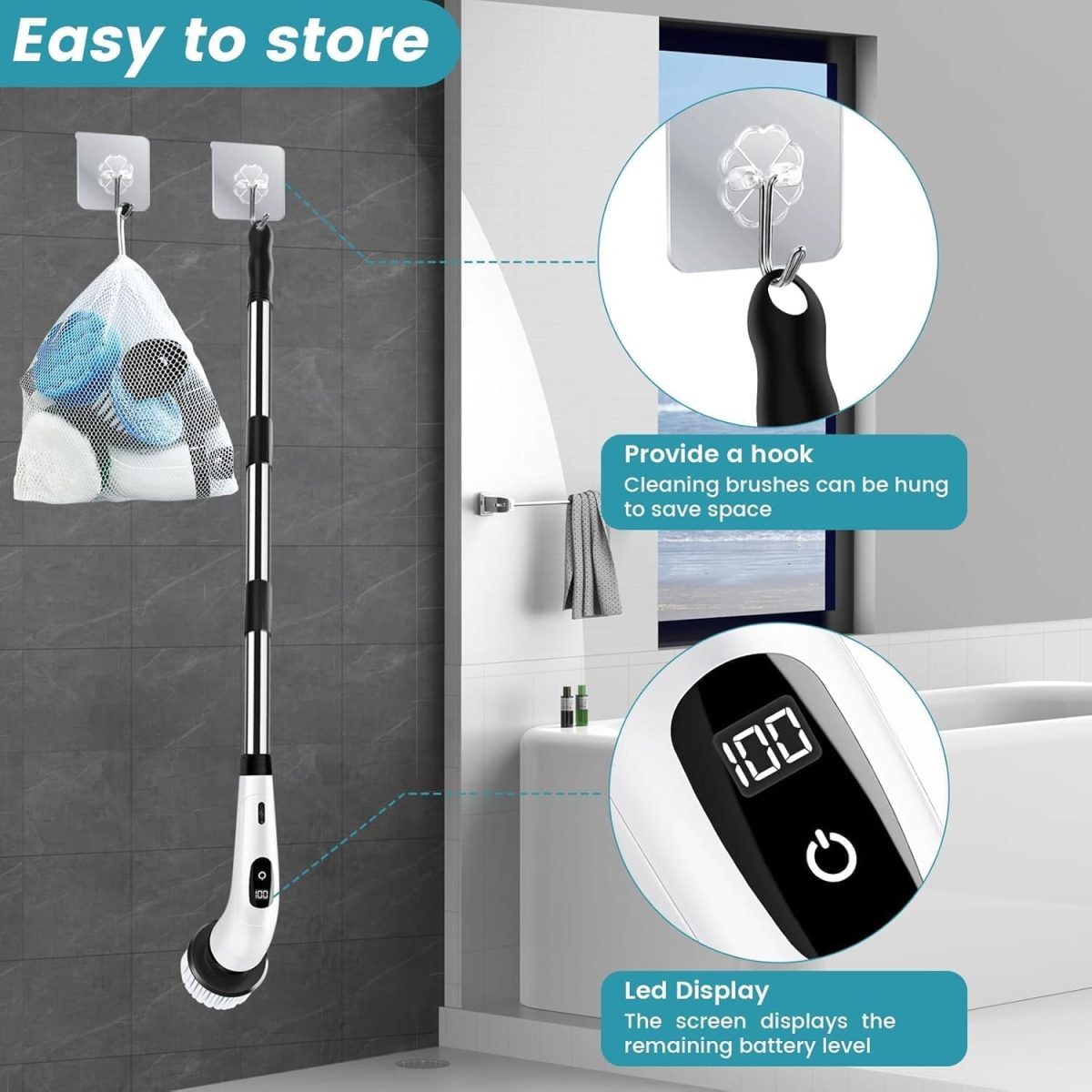 COFENDY Electric Spin Scrubber,Cleaning Brush Scrubber for Home, 400RPM/Mins-9 Replaceable Brush Heads-90Mins Work Time,Adjustable Size,2 Adjustable Speeds for Bathroom Shower (White) - Image 7