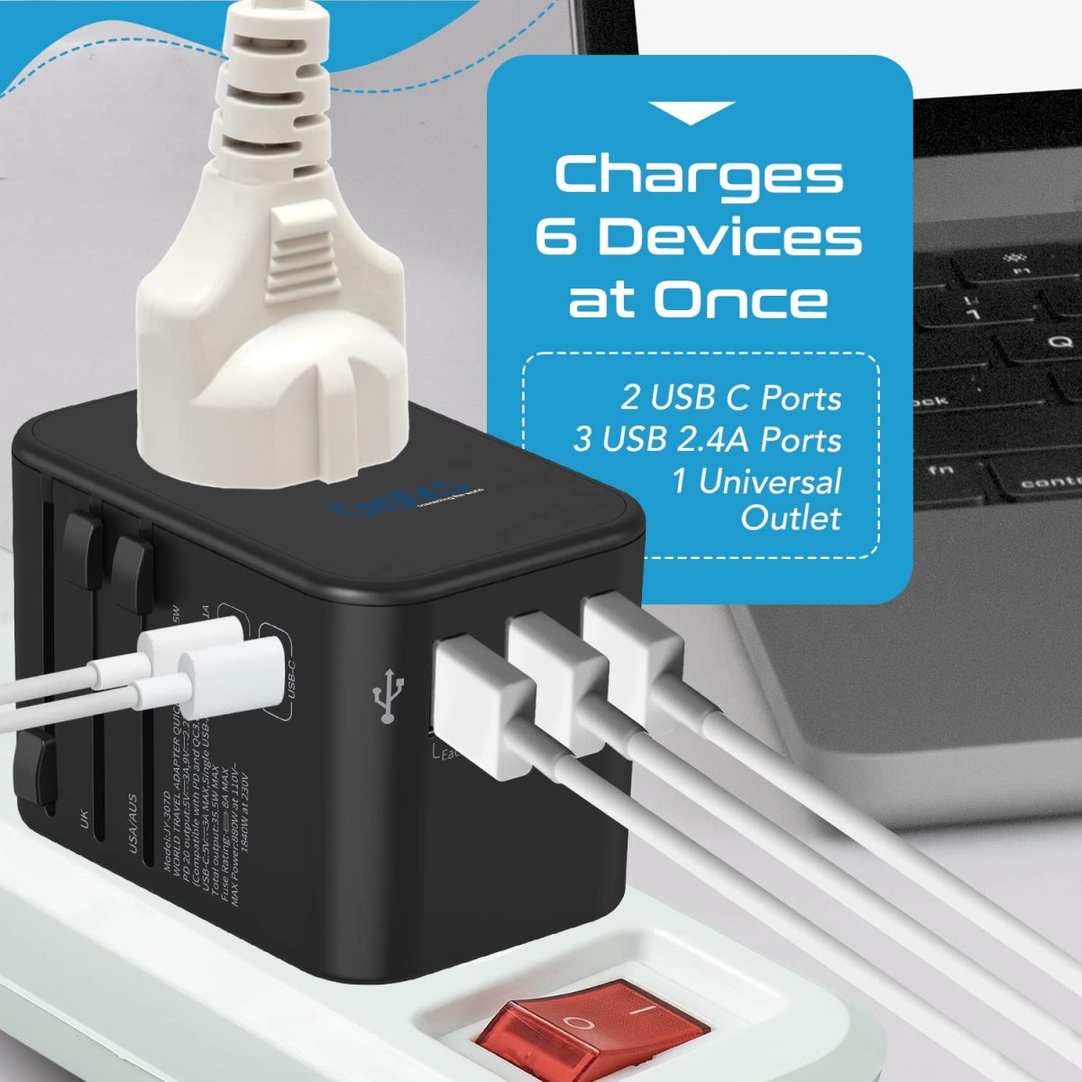 Ceptics Universal Charger Adapter, 35W 6 in 1 International Travel Adapter, Universal Plug Socket with 10 Years Warranty, PD/QC 3.0, 1x USB-C, 3 USB Fast Charging, Worldwide Travel Adapters. - Image 6