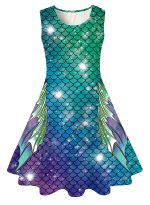 Funnycokid Girls Mermaid Dress Kids Summer Sleeveless Dresses Birthday Sundress Swing Outfit 4-13 Years