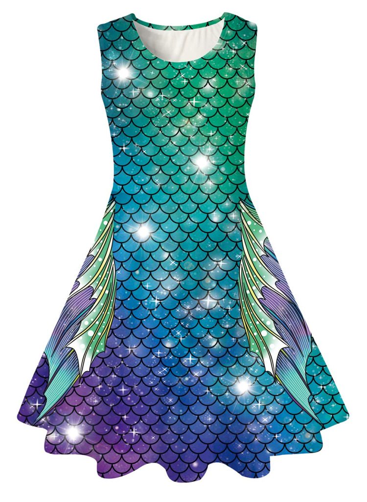 Funnycokid Girls Mermaid Dress Kids Summer Sleeveless Dresses Birthday Sundress Swing Outfit 4-13 Years