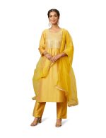 Amazon Brand - Myx Women's Embroidered Kurta Pant Set with Mesh Dupatta | Viscose,Rayon