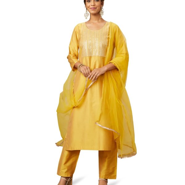 Amazon Brand - Myx Women's Embroidered Kurta Pant Set with Mesh Dupatta | Viscose,Rayon
