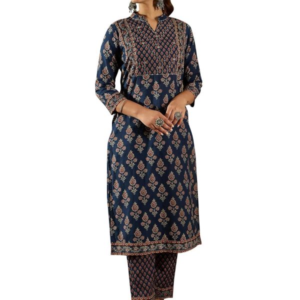 INDO ERA Women's Straight Pure Cotton Ethnic Motifs Printed Kurta & Pant Set (IESTR10744)