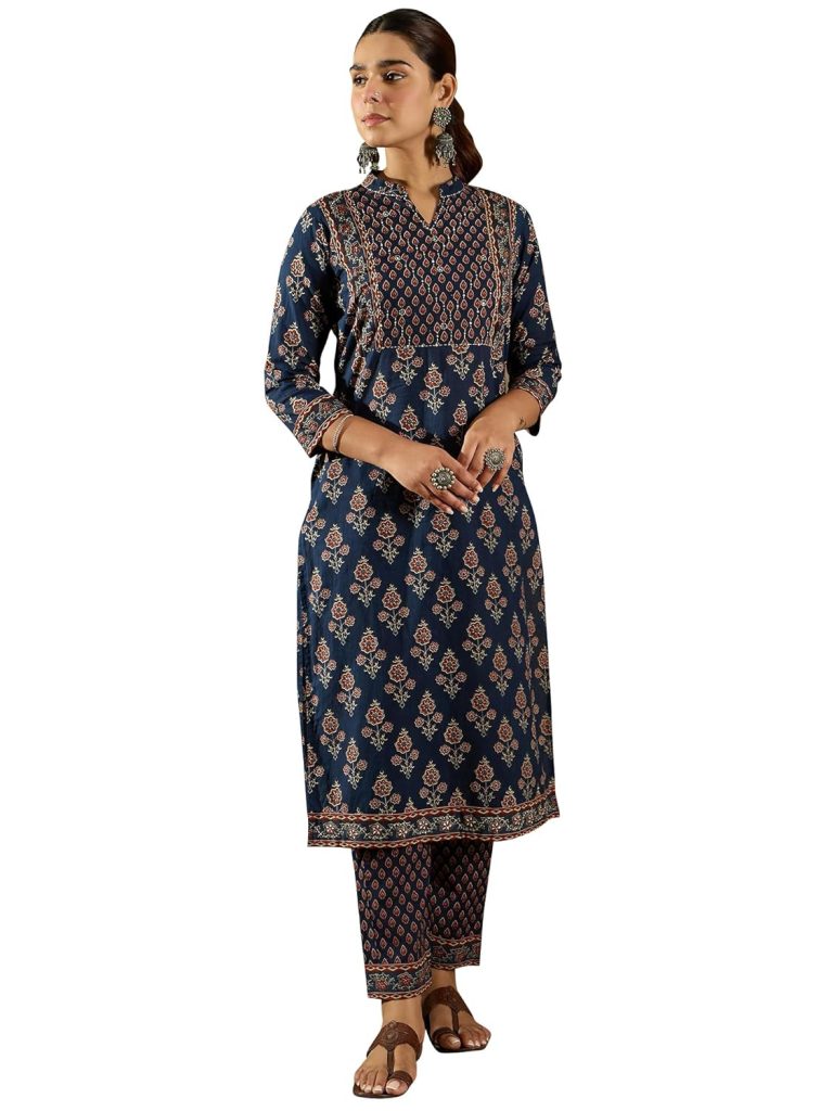 INDO ERA Women's Straight Pure Cotton Ethnic Motifs Printed Kurta & Pant Set (IESTR10744)