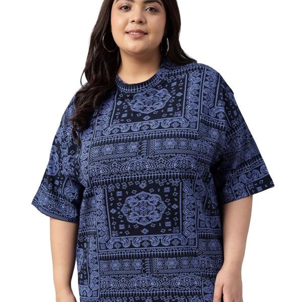 JUNEBERRY® 100% Pure Cotton Oversized Baggy Fit Stylish Paisley Bandana Print Half Sleeve Plus Size T-Shirt for Women & Girls (Sizes: 2XL to 5XL)