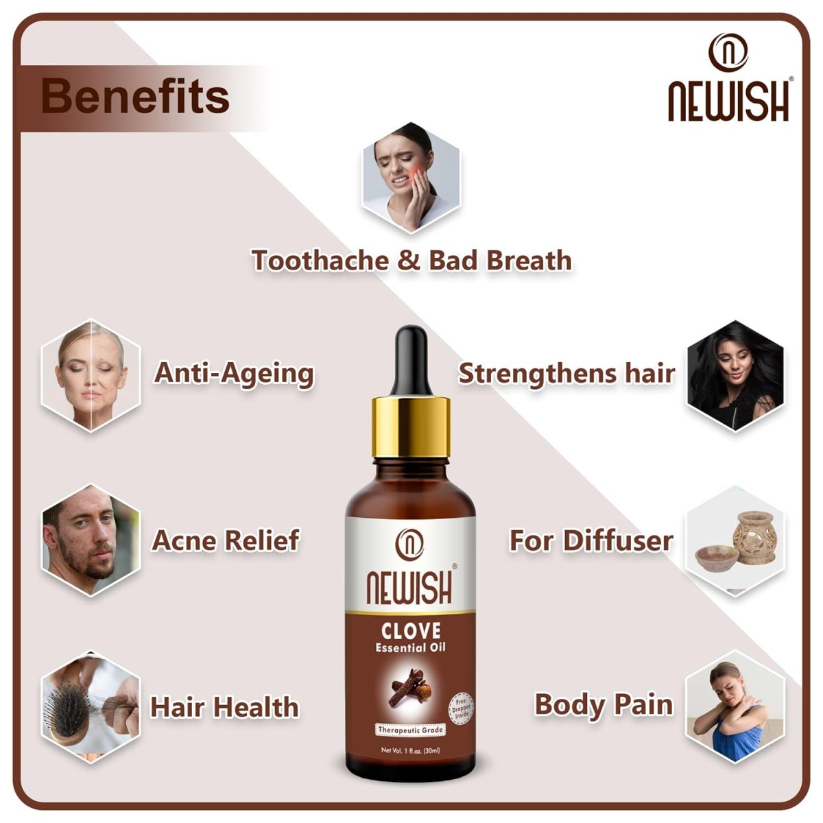 Newish Clove Oil 100% Pure & Natural, Undiluted, Best use Clove oil for Theeth Pain, Skin, Hair, Pimples, Acne, T Zone & Underarm - High Potency Premium Essential Clove Oil 30 ml - Image 4