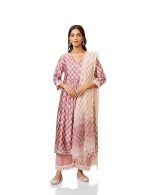 Amazon Brand - Myx Women's Silk Chanderi Handblock Printed Authentic Kurta Set with Dupatta (A-Line | Sanganeri Print)