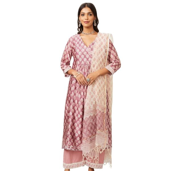 Amazon Brand - Myx Women's Silk Chanderi Handblock Printed Authentic Kurta Set with Dupatta (A-Line | Sanganeri Print)