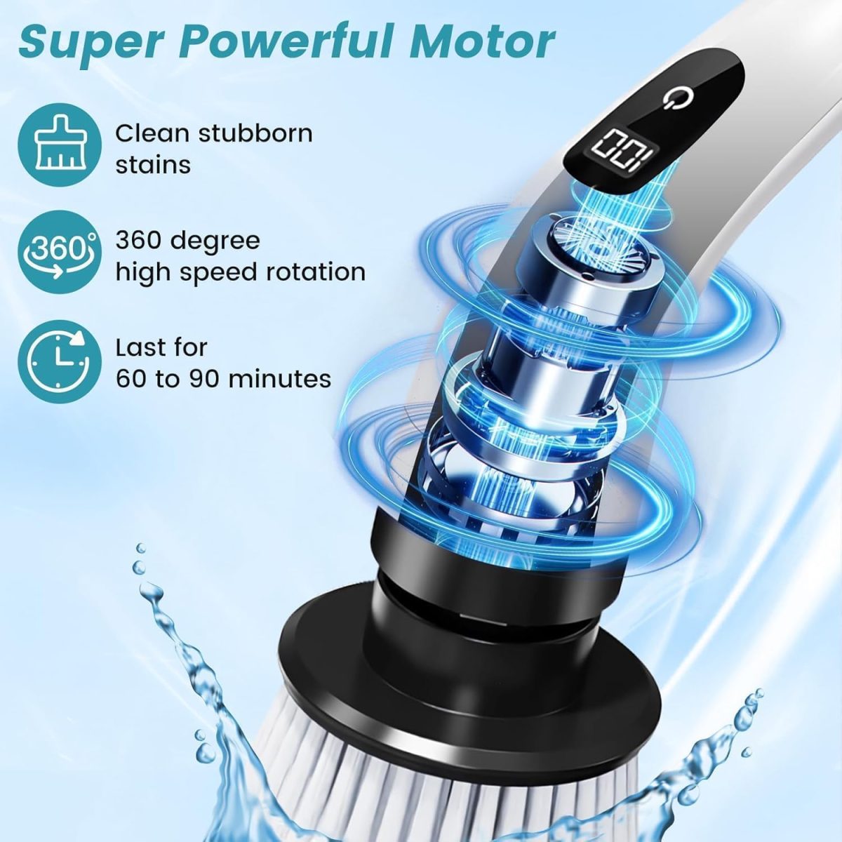 COFENDY Electric Spin Scrubber,Cleaning Brush Scrubber for Home, 400RPM/Mins-9 Replaceable Brush Heads-90Mins Work Time,Adjustable Size,2 Adjustable Speeds for Bathroom Shower (White) - Image 3