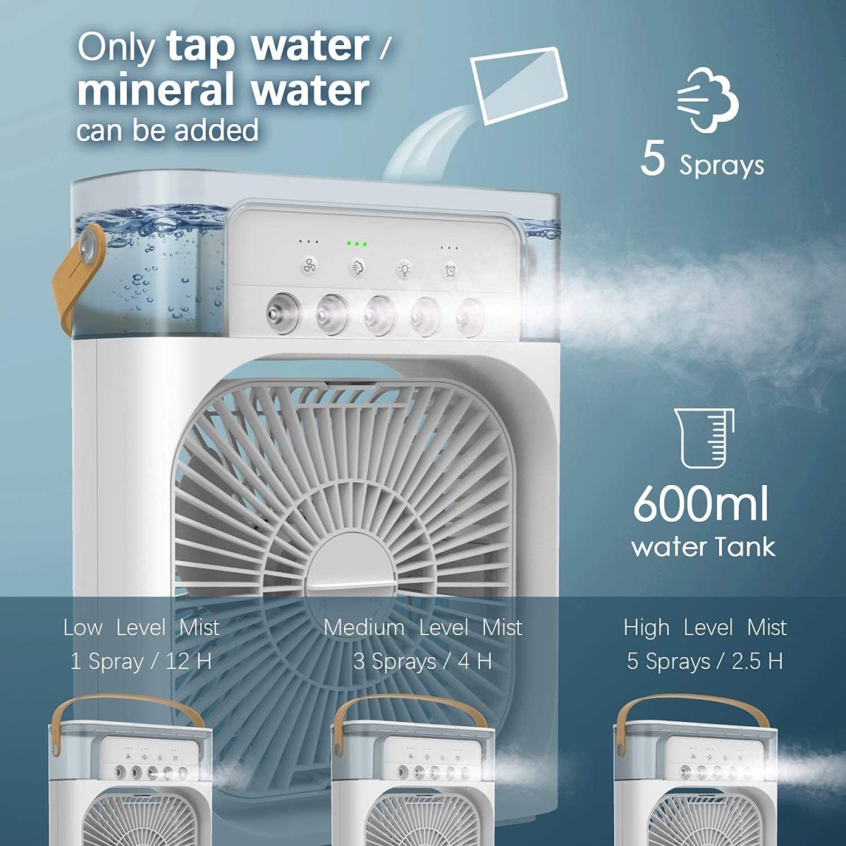 DPM Portable Air Conditioner Fan, Mini Evaporative Air Cooler with 7 Colors LED Light, 1/2/3 H Timer, 3 Wind Speeds, and 3 Spray Modes for Office, Home, Dorm, Travel Portable Air Conditioners - Image 5