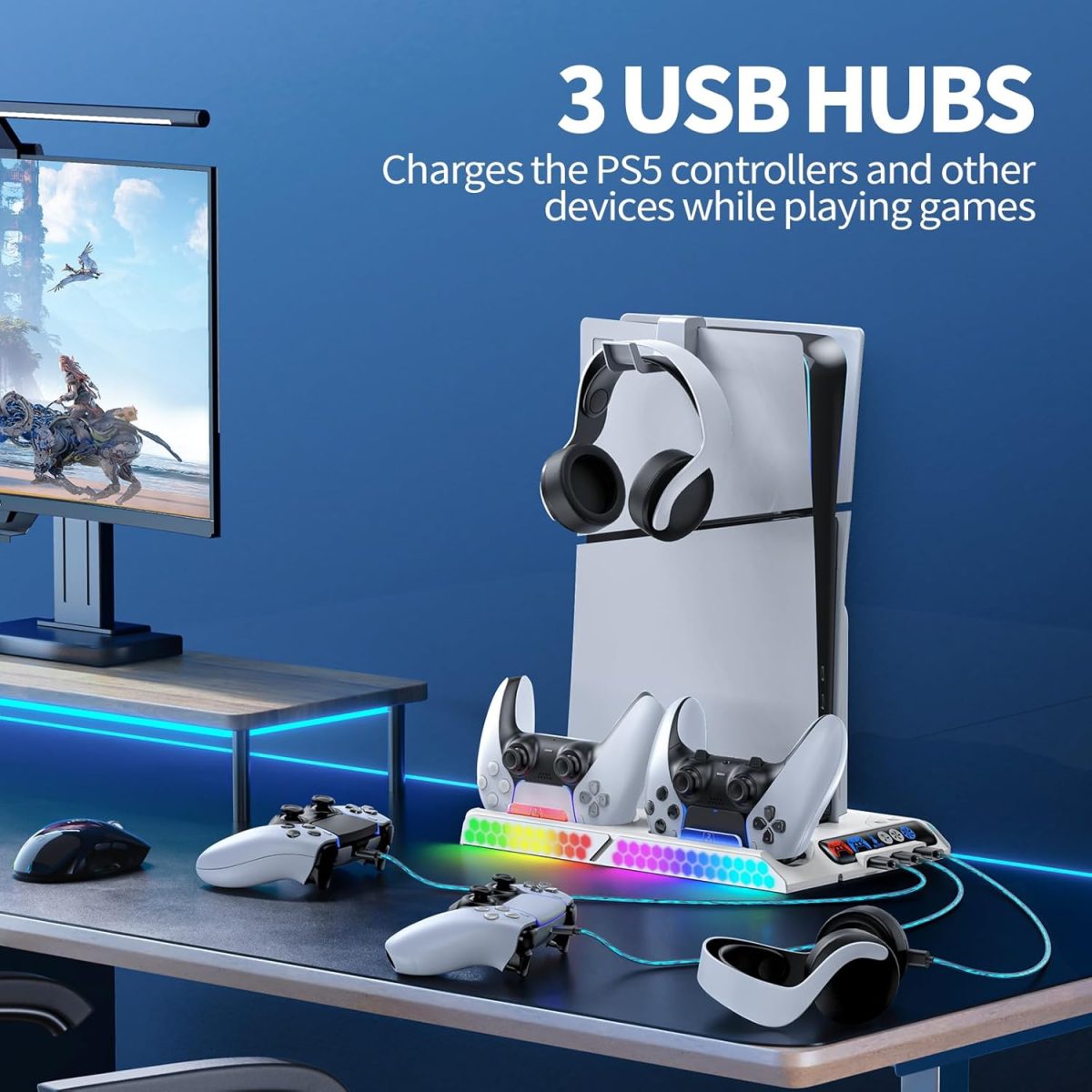 KDD PS5/PS5 Slim Stand with Auto Turbofan, 3-Level Cooling Fans, RGB Lights, Accessories for PS5 2023 Slim & 2020 Digital/Disc Consoles - Image 8