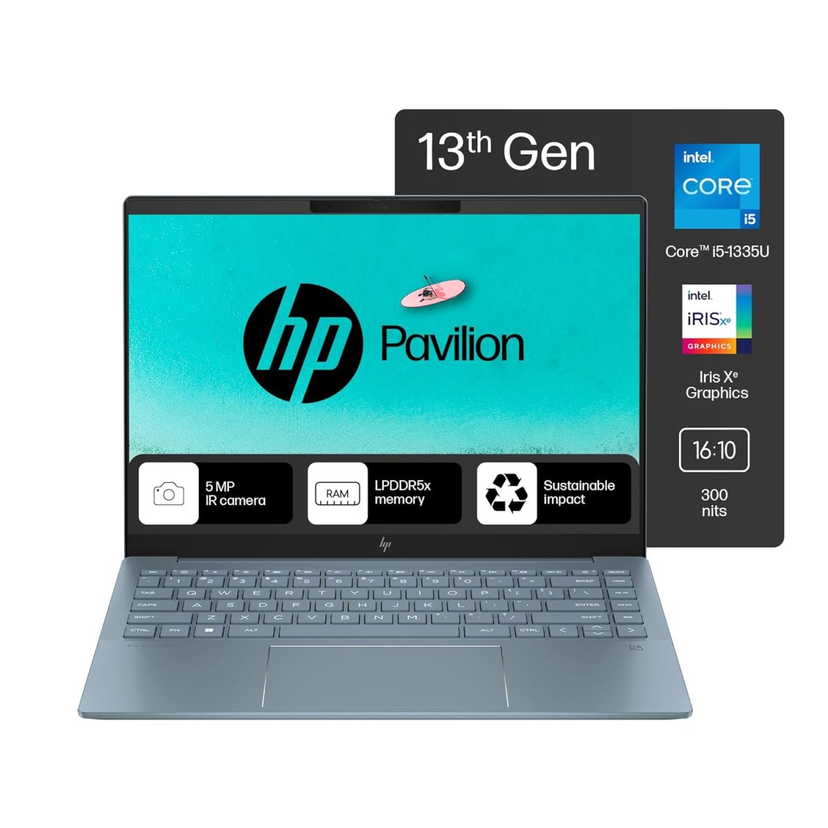HP Pavilion Plus, 13th Gen Intel Core i5-1335U Laptop, (16GB LPDDR5x,512GB SSD), IPS, 300 nits, 14''(35.6cm) 2K,Win 11, M365 Basic(1yr), Office Home 24, Blue,1.38kg, 5MP Camera w/Shutter,ew0108TU