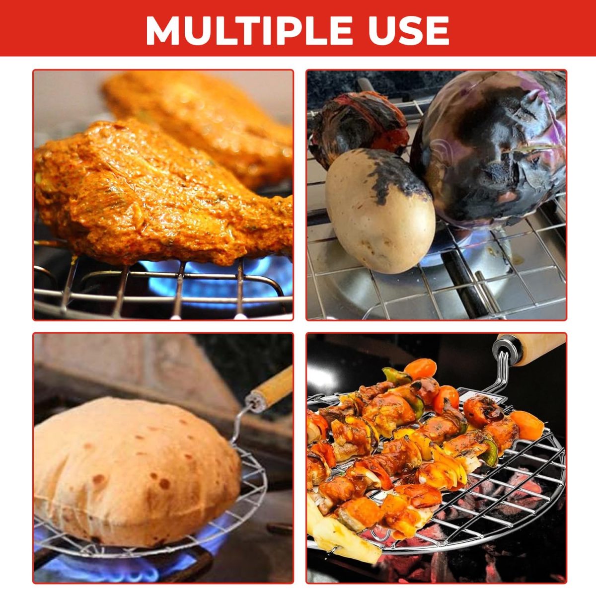 PANCA Papad Jali Roast, Paneer Grill, Roti Maker, Barbeque Jali Roaster Chapati Toast Grill Wooden Handle Vegetable tandoor net, Baigan Bharta (Square) - Image 6