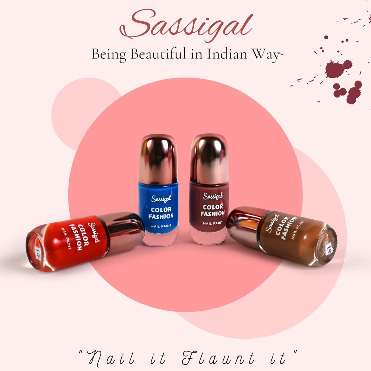 Sassigal Color Fashion Nail Paint Set 4 Shades | High Shine, Glossy Finish | Quick-Dry, (11ml Each) (Brown, Purple, Orange, Pink Shimmer, 11Ml) - Image 2