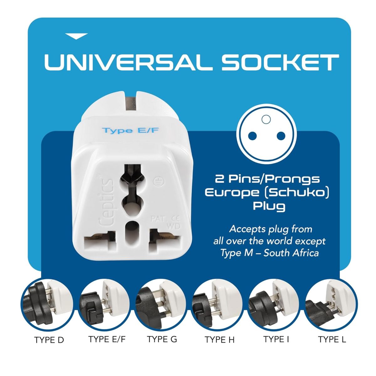 Ceptics European Plug Adapter, India to Europe Adapter (Schuko) - Type E/F Travel Adapter Europe - CE Certified - RoHS Compliant - White - 2 Pack - 5 Years Warranty - Image 3
