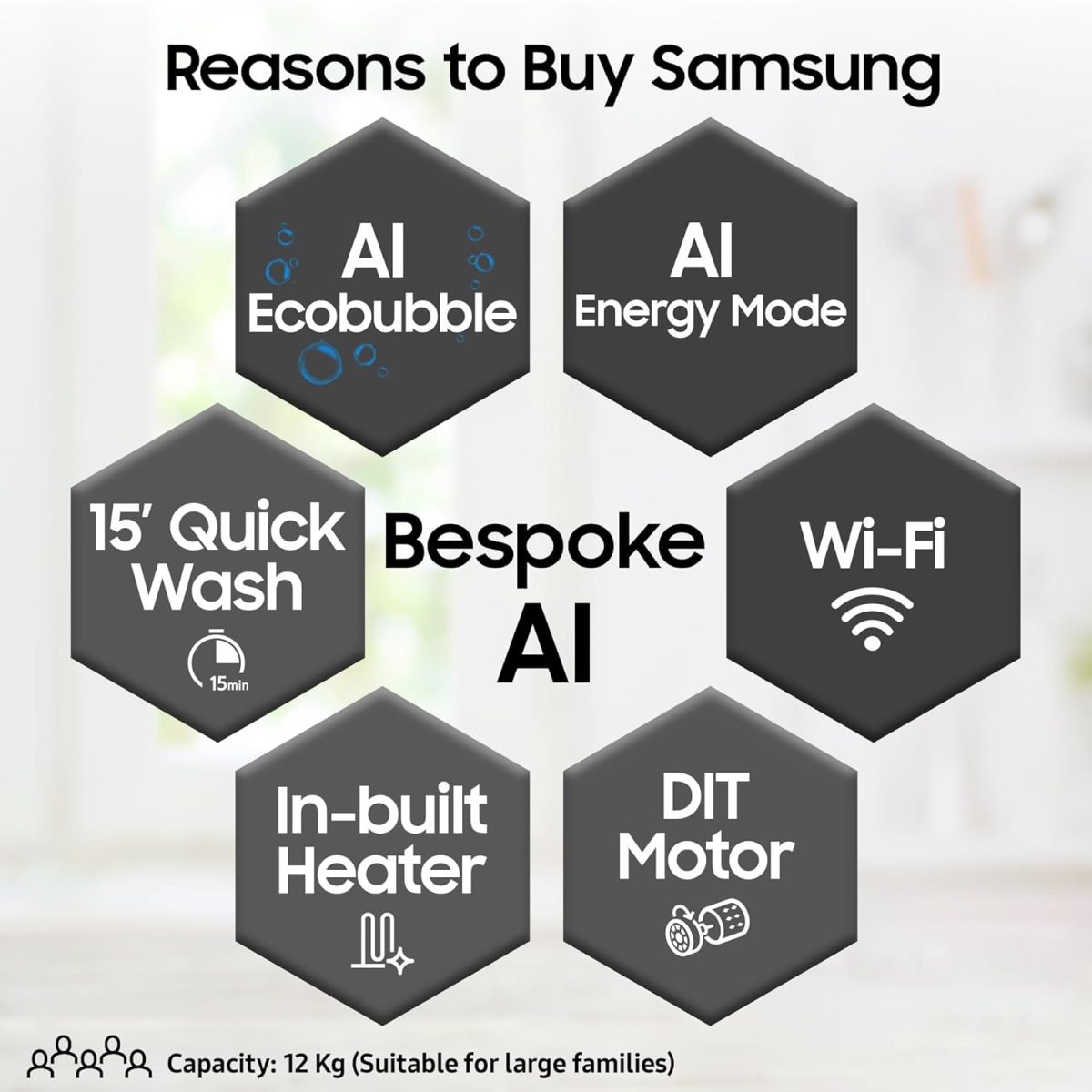 Samsung 12 kg, 5 Star, Super Speed, Wi-Fi, Hygiene Steam with Inbuilt Heater, Digital Inverter, Fully-Automatic Front Load Washing Machine (WW12DG5B24ABTL, Black) - Image 2