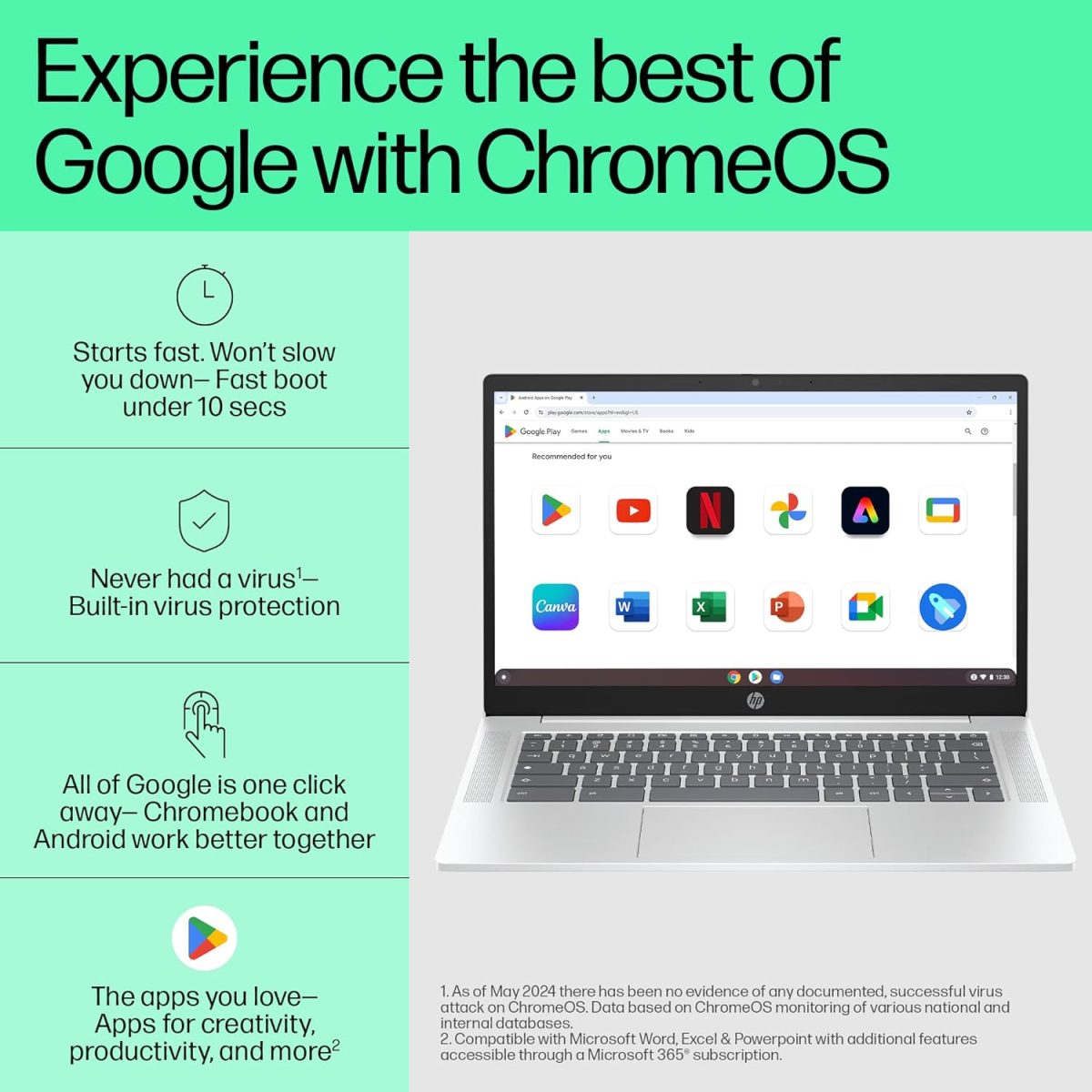 HP Chromebook 14, Chrome OS, Intel Processor N100, Chromeos, 14-Inch (35.6 Cm),Hd, 4Gb LpDDR5,64GB Emmc, Intel UHD Graphics, 720P HD Camera W/Privacy Shutter, Thin & Light (Silver, 1.45 Kg), Nf0014Tu - Image 2