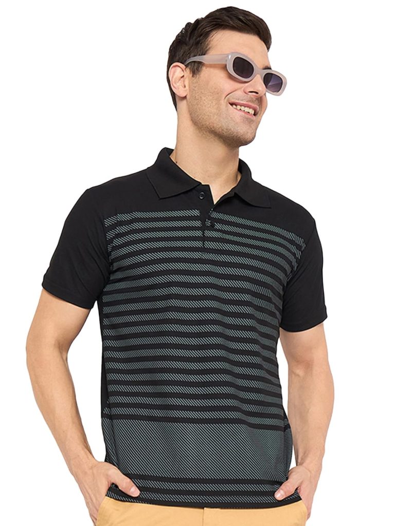 KASMA Men's Cotton Blend Polo Tshirt Has a Short Sleeve & Straight Hem-SNGKS-STRIPS5BLK