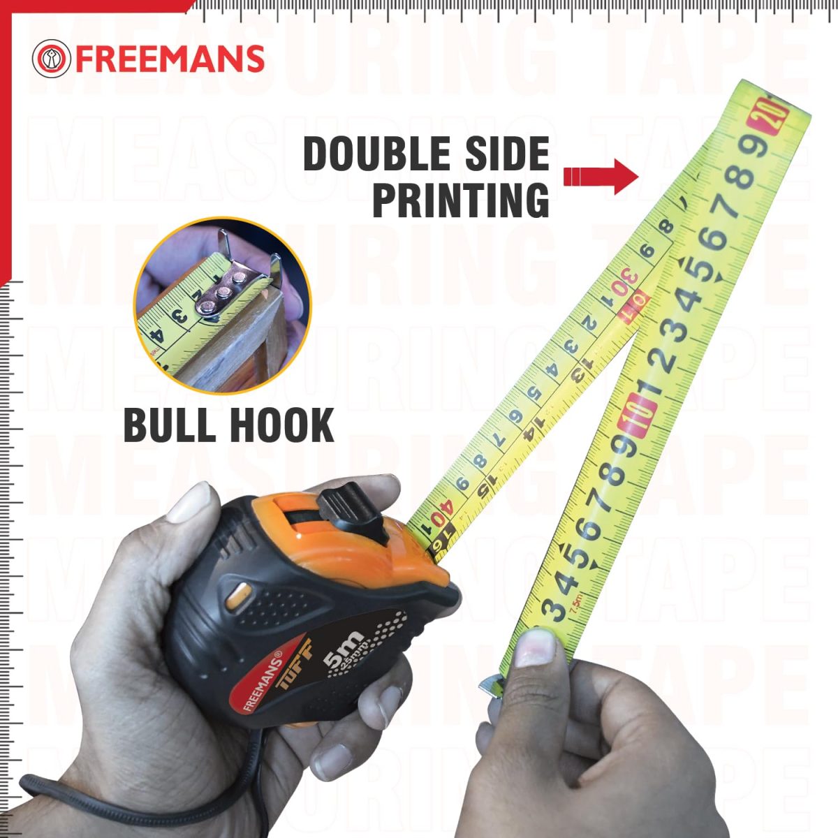 FREEMANS TUFF 5m:25mm Steel Inchi Measuring Tape - 5m with a Non Slip Rubber Covered ABS case || Double Side Printing || Click Action Front Lock and Belt Clip - Image 4