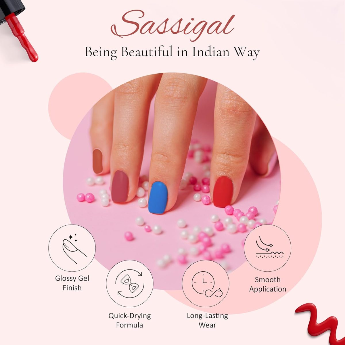 Sassigal Color Fashion Nail Paint Set 4 Shades | High Shine, Glossy Finish | Quick-Dry, (11ml Each) (Brown, Purple, Orange, Pink Shimmer, 11Ml) - Image 3
