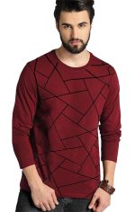 LEOTUDE Regular Fit Cottonblend Full Sleeve Printed Men's T-Shirt (Color Maroon)