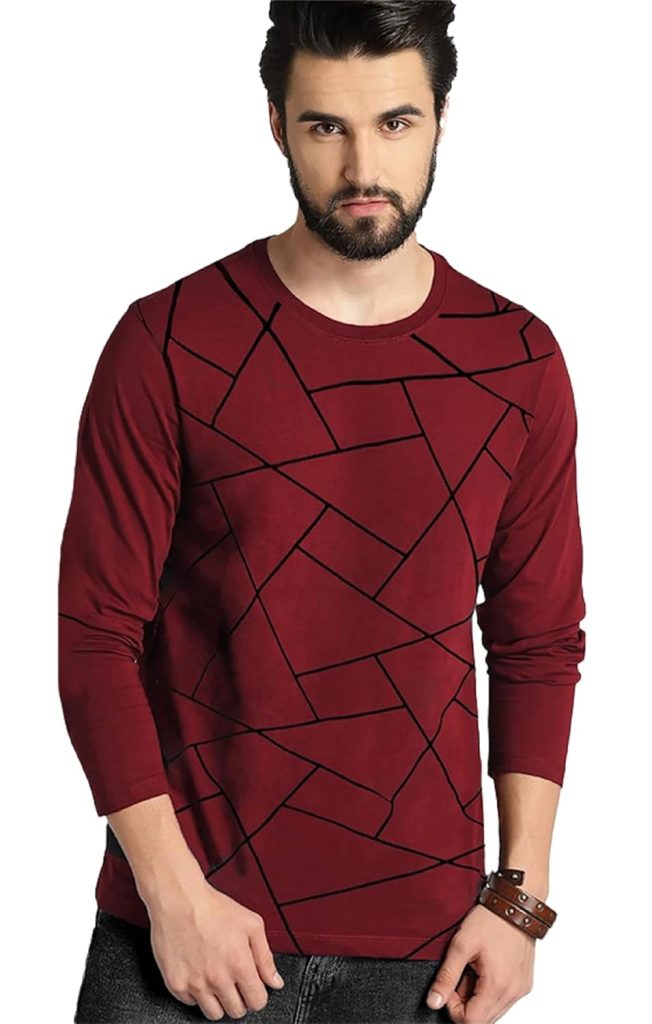 LEOTUDE Regular Fit Cottonblend Full Sleeve Printed Men's T-Shirt (Color Maroon)