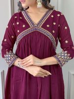 Naixa Women's Vichitra Silk Embroidered A-Line Kurta with Pant and Dupatta Sets for Wedding Party and Festival Wear (NX3_442-Wine-L) - Image 5