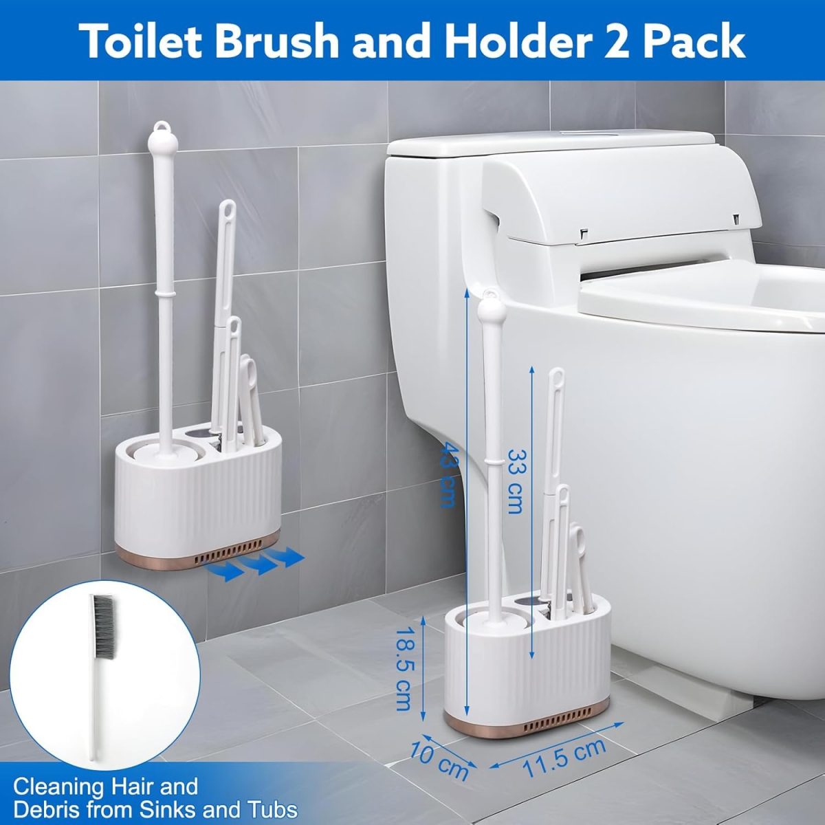 Vasukie Silicone Toilet Brush and Holder Set, with a Extra Crevice Cleaning Brush Deep Cleaning Toilet Bowl Brush for Bathroom Toilet Brushes for Bathroom Wall Mounted Water Drop (4IN1 White) - Image 2