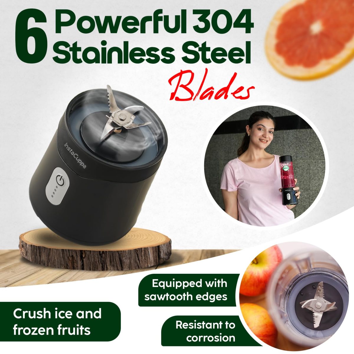 InstaCuppa Portable Blender for Smoothies and Juices, Mixer Juicer that Crushes Ice, Electric Shaker USB Rechargeable Battery with 4000 mAh 230 Watts Motor, 500 ML Juice Maker for Busy Moms - Image 2