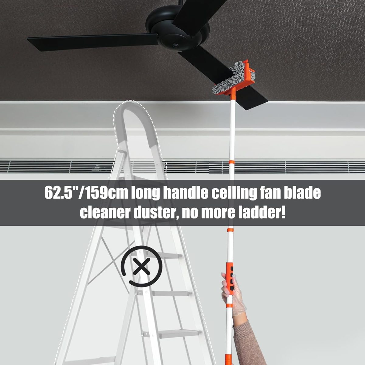Fulminare 3 in 1 Fan Cleaner Duster with 159cm Extendable Long Handle for Ceiling Fan Blade ,Fan Cleaning Mop with 2 Microfiber Mop Head for Dusting Ceiling Fan Washable Pads for Wipe Wall - Image 2