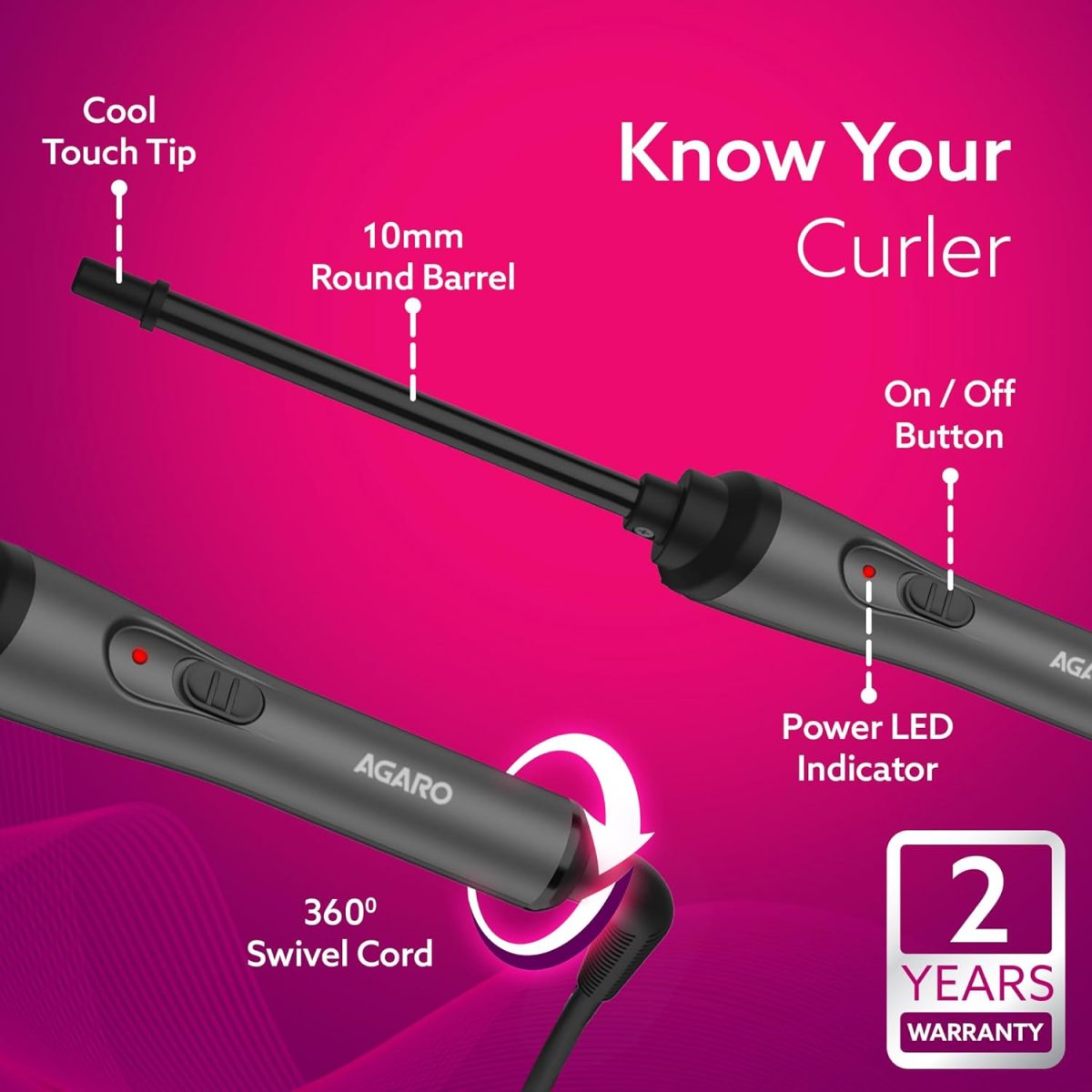 AGARO HC8001 Hair Curler With 10MM Barrel, Rod, Tong, Chopstick Hair Curler, Ceramic Coated Plates, Cool Touch Tip, Fast Heating, For Women, Maggie Curl, Hair Curling, Styling, Grey & Black - Image 4