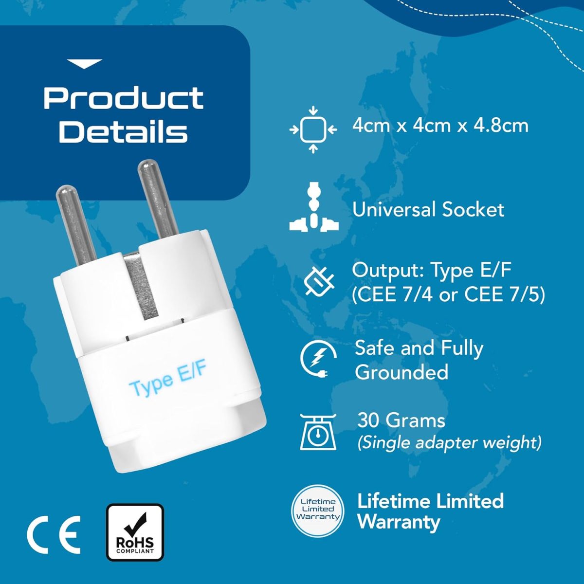 Ceptics European Plug Adapter, India to Europe Adapter (Schuko) - Type E/F Travel Adapter Europe - CE Certified - RoHS Compliant - White - 2 Pack - 5 Years Warranty - Image 4