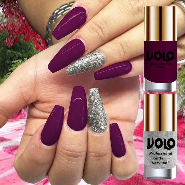 Volo Gloss Shine Wine Nail Polish Glitter High Shine Silver Nail Paint Set of 2 Pcs Long Stay on Nails 19.8 ml