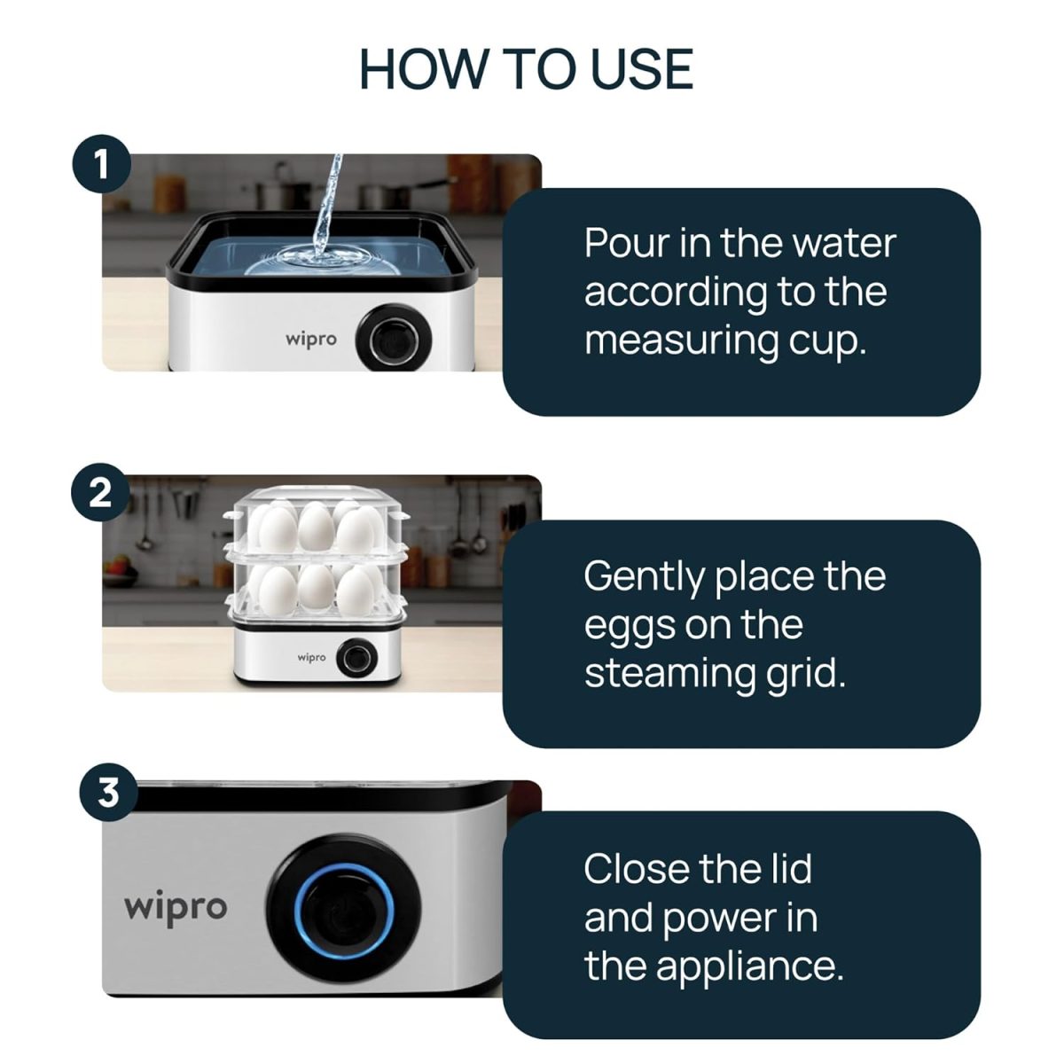 Wipro Elato BE201 4in1 Multicooker 500 Watt - Boils up to 16 Eggs, Steam Rice, Poach Eggs, Cook Vegetables - 3 Boiling Modes, Concurrent Cooking - 2 Year Warranty - Image 5