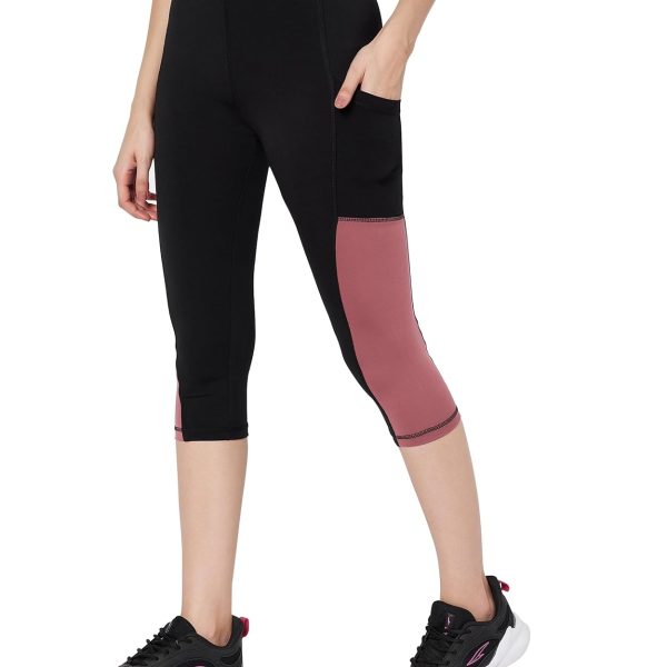 Mehrang High-Waisted Capri Leggings with Side Pocket – Black & Contrast Color Block Activewear for Gym, Yoga, and Everyday Comfort for Women
