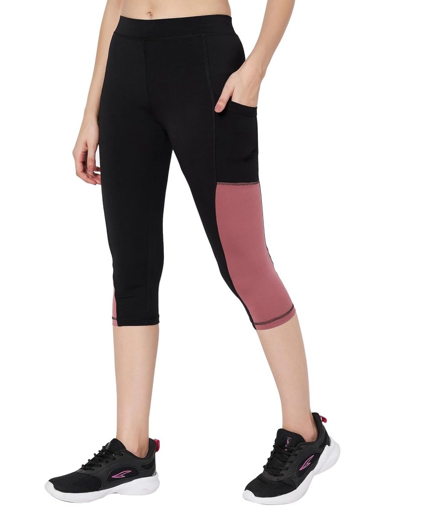 Mehrang High-Waisted Capri Leggings with Side Pocket – Black & Contrast Color Block Activewear for Gym, Yoga, and Everyday Comfort for Women
