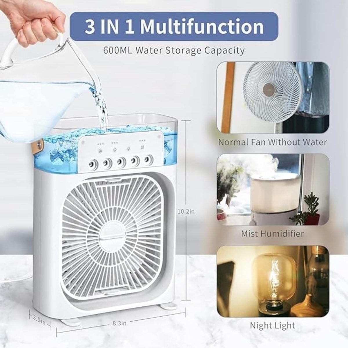 JB'S LAND™ Portable Air Conditioner Fan, Mini Evaporative Air Cooler with 7 Colors LED Light, 1/2/3 H Timer, 3 Wind Speeds and 3 Spray Modes for Office, Home, Dorm, Travel (Multi Colour) - Image 3