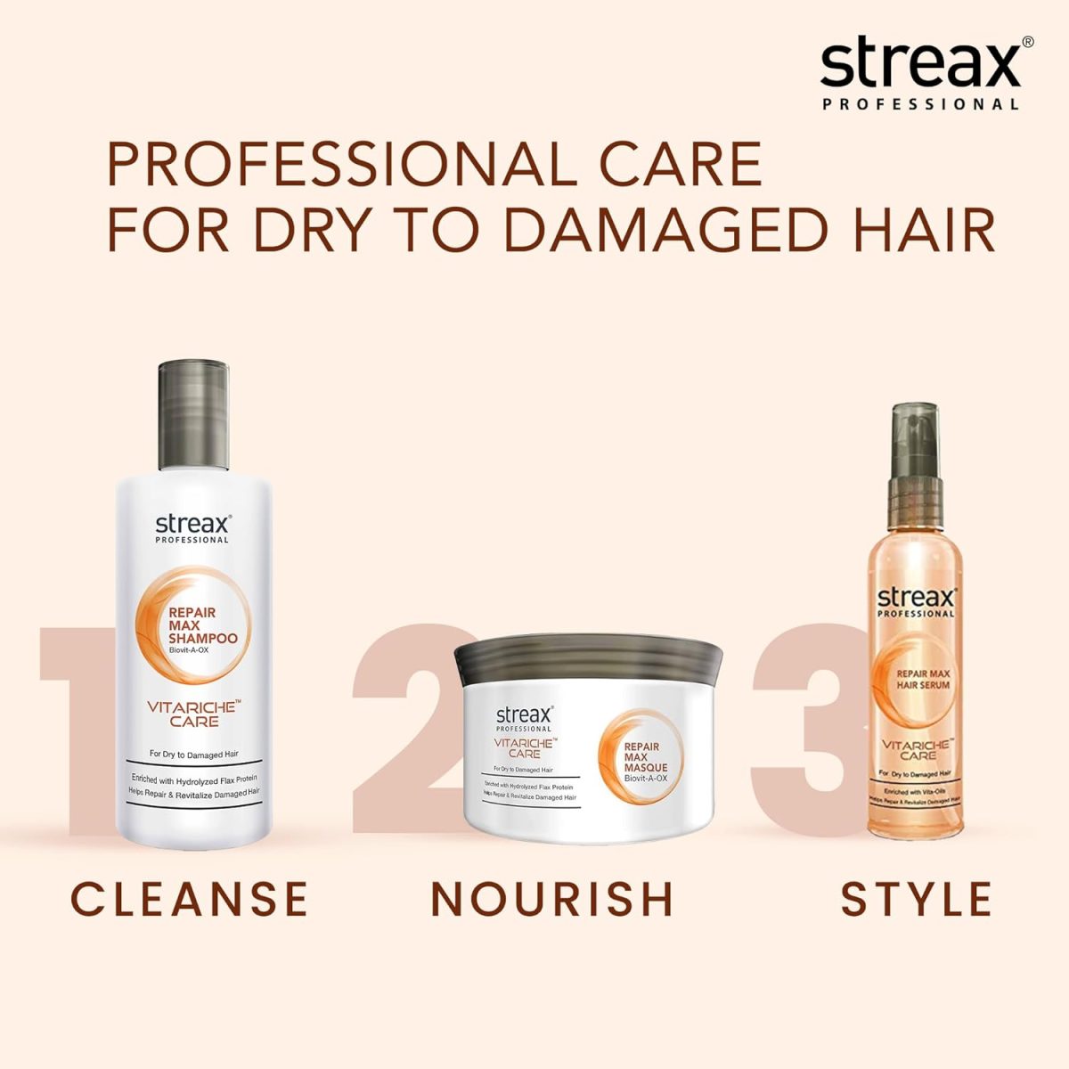 Streax Professional Vitariche Care Repair Max Shampoo,300ml| Mild Everyday Shampoo| Hair Shampoo for Women & Men|With Biovit-A-OX Complex, Hydrolysed Flax Protein & |Ceramide|For Dry, Damaged Hair - Image 7