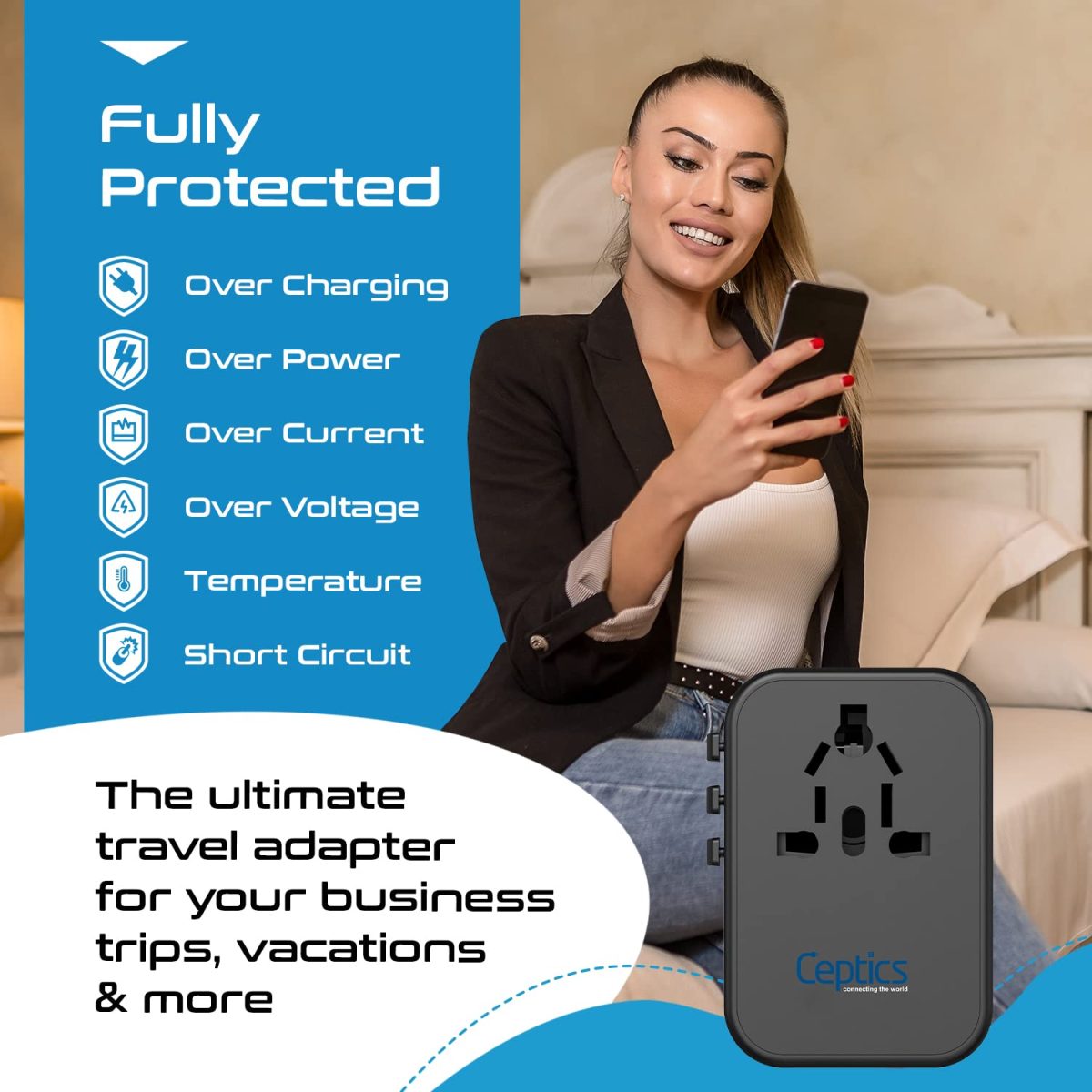 Ceptics Universal Charger Adapter, 35W 6 in 1 International Travel Adapter, Universal Plug Socket with 10 Years Warranty, PD/QC 3.0, 1x USB-C, 3 USB Fast Charging, Worldwide Travel Adapters. - Image 8