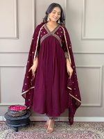 Naixa Women's Vichitra Silk Embroidered A-Line Kurta with Pant and Dupatta Sets for Wedding Party and Festival Wear (NX3_442-Wine-L) - Image 8