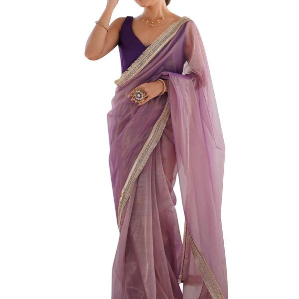 AKHILAM Women's Shimmer Net Solid Saree With Unstitched Blouse Piece