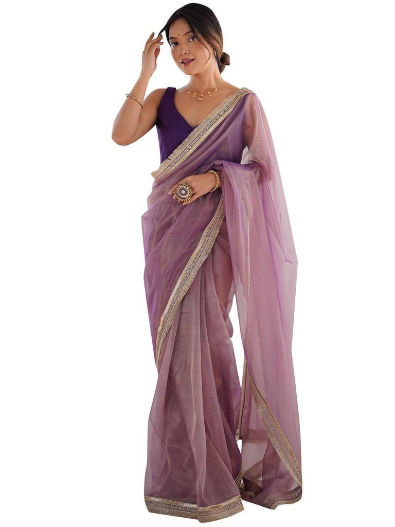 AKHILAM Women's Shimmer Net Solid Saree With Unstitched Blouse Piece