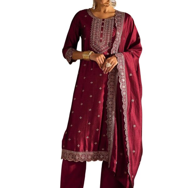 INDO ERA Women's Embroidered Silk Blend Calf Length Straight Kurta Pant And Dupatta Set (KH9MR6194)
