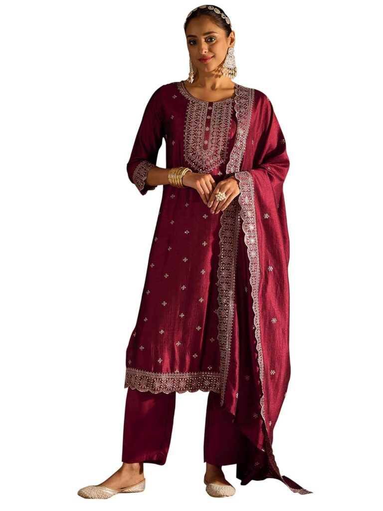 INDO ERA Women's Embroidered Silk Blend Calf Length Straight Kurta Pant And Dupatta Set (KH9MR6194)